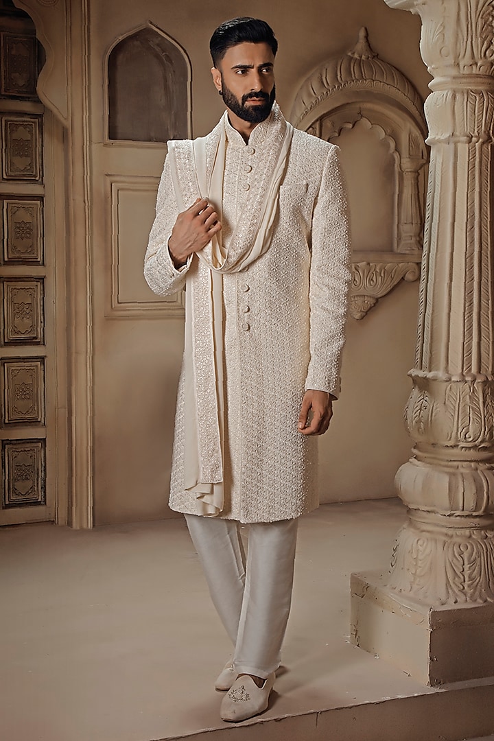 Pearl White Silk Digital Embroidered Sherwani Set by Vanshik