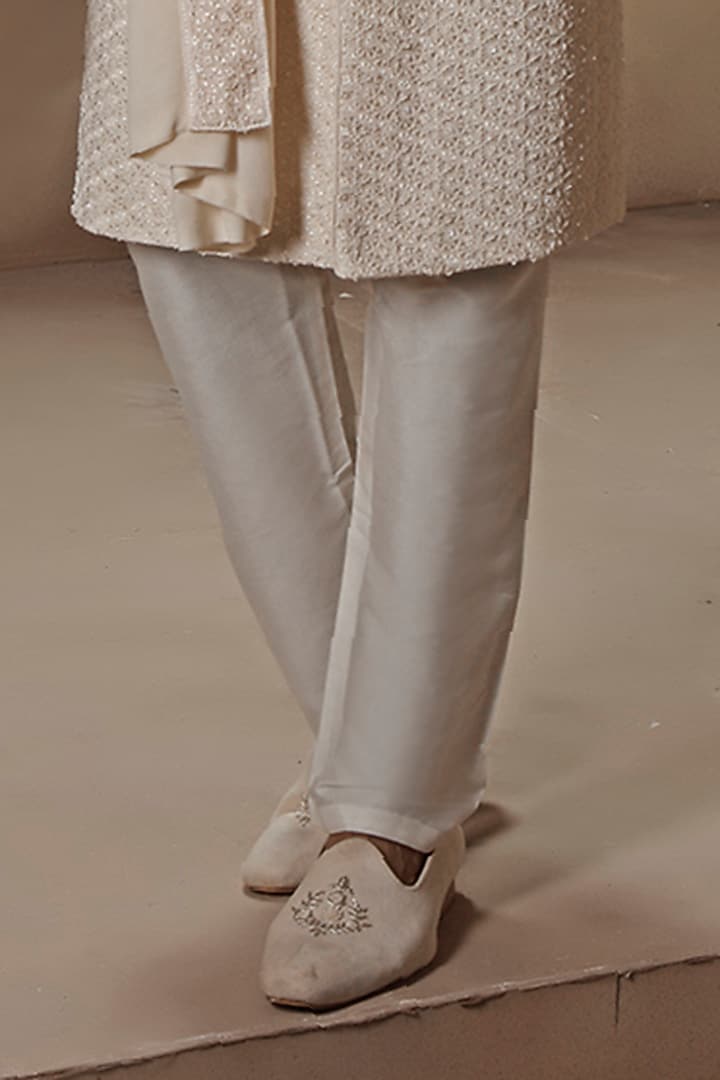 Pearl White Silk Digital Embroidered Groom Sherwani Set by Vanshik at Pernia's Pop Up Shop