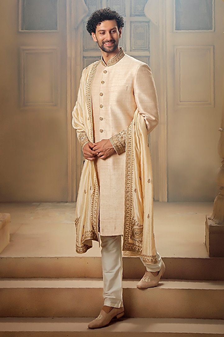 Beige Raw Silk Tilla Embroidered Sherwani Set by Vanshik