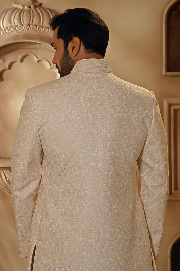 Pearl White Silk Digital Embroidered Groom Sherwani Set by Vanshik at Pernia's Pop Up Shop