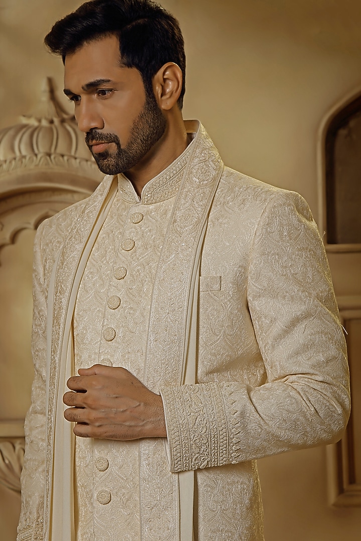 Pearl White Silk Digital Embroidered Groom Sherwani Set by Vanshik at Pernia's Pop Up Shop