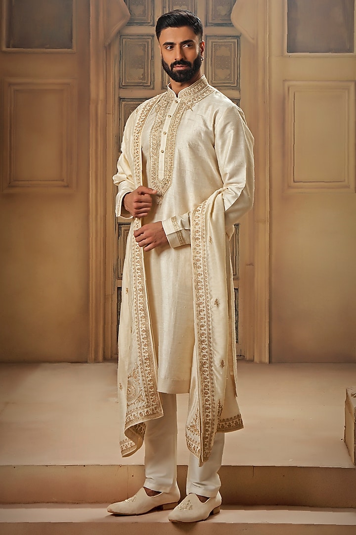 Pearl White Raw Silk Tilla Embroidered Kurta Set by Vanshik