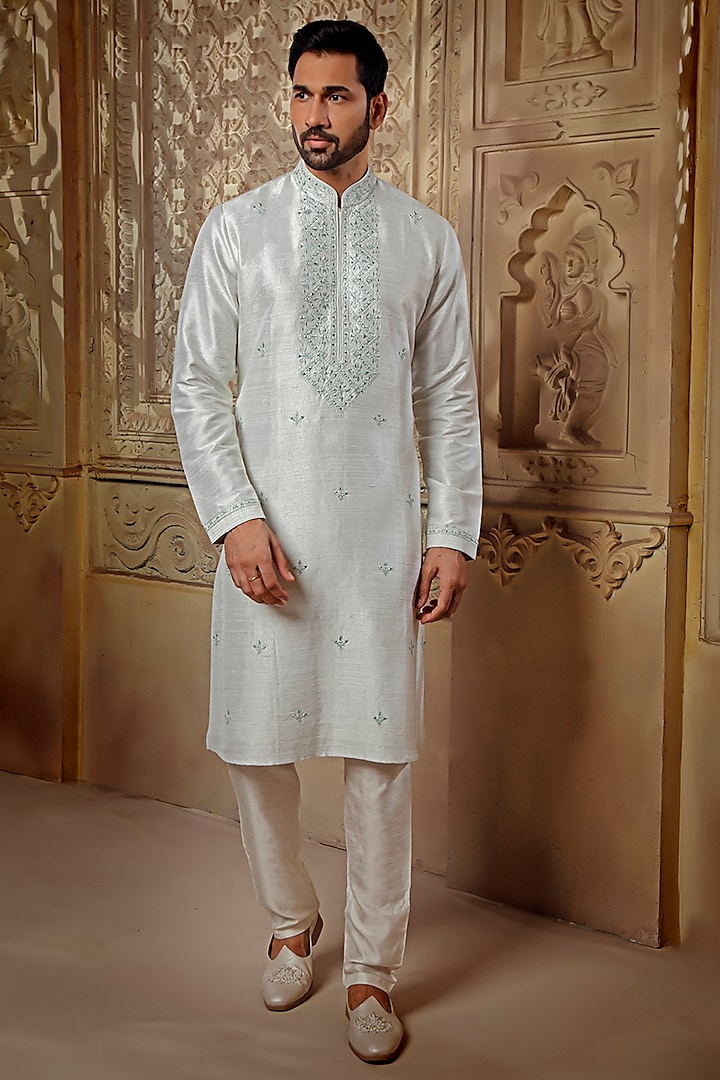 Pearl White Raw Silk Mirror Embroidered Kurta Set by Vanshik