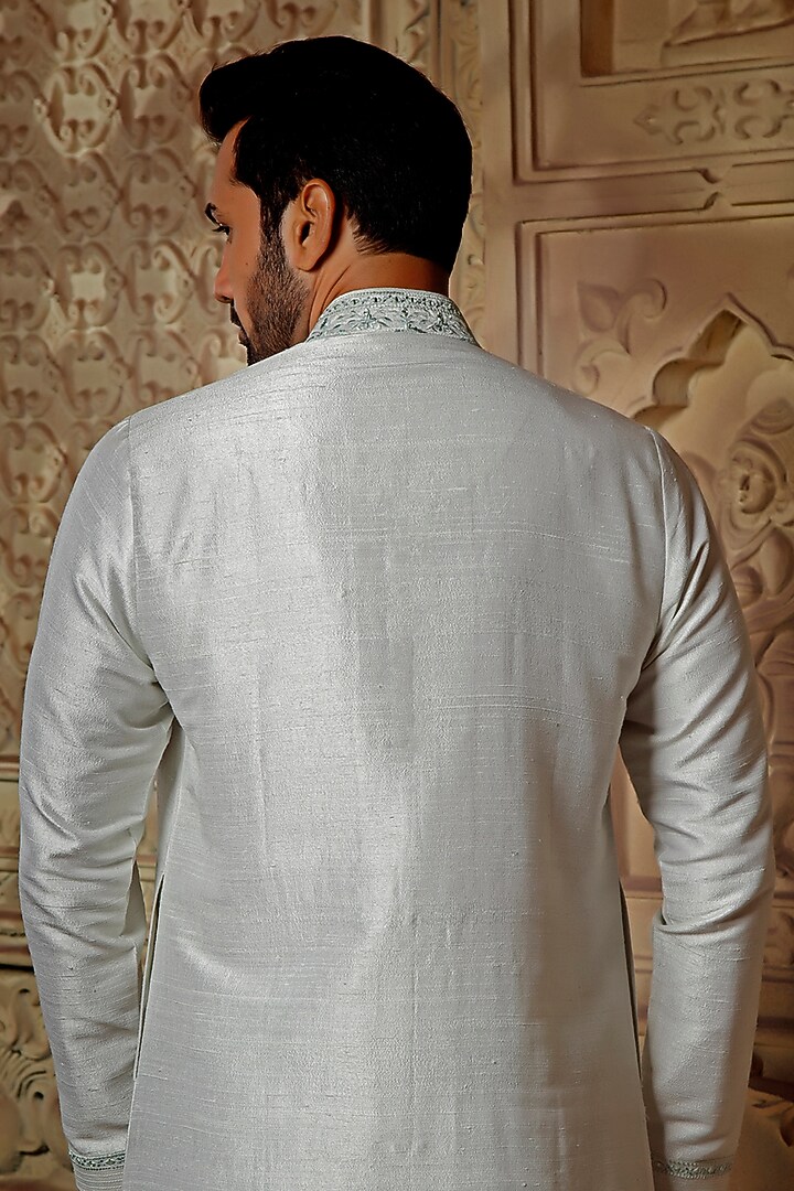 Pearl White Raw Silk Mirror Embroidered Kurta Set by Vanshik at Pernia's Pop Up Shop