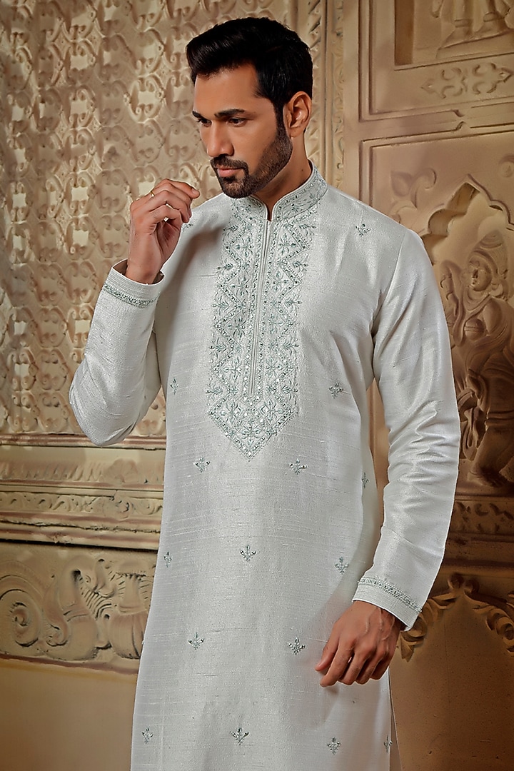 Pearl White Raw Silk Mirror Embroidered Kurta Set by Vanshik at Pernia's Pop Up Shop