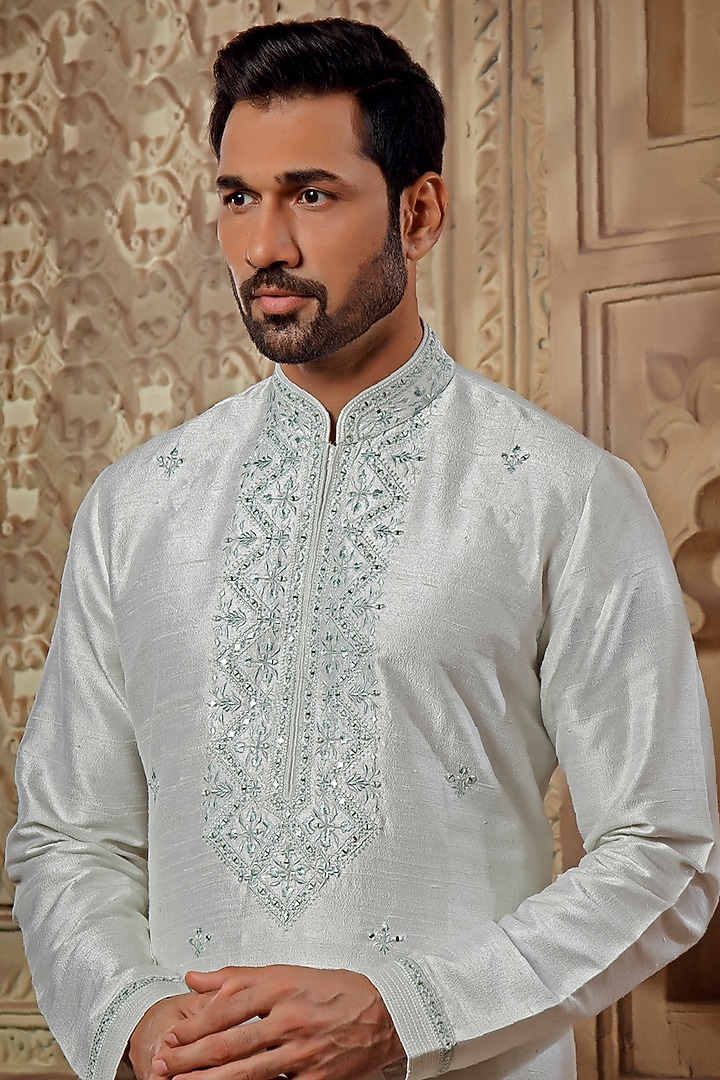 Pearl White Raw Silk Mirror Embroidered Kurta Set by Vanshik at Pernia's Pop Up Shop