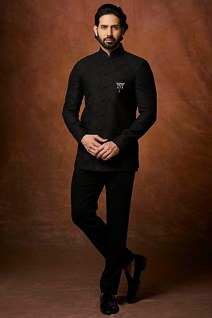 Black Silk Embellished Jodhpuri Set by Vanshik at Pernia's Pop Up Shop