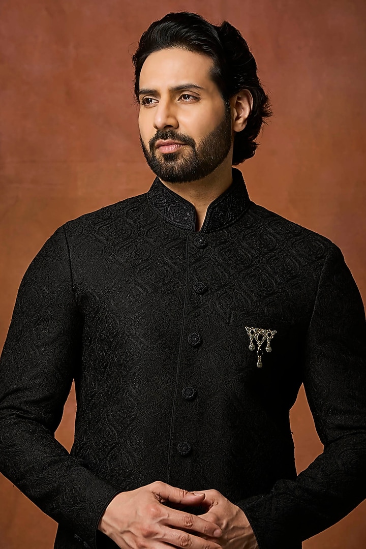 Black Silk Embellished Jodhpuri Set by Vanshik at Pernia's Pop Up Shop
