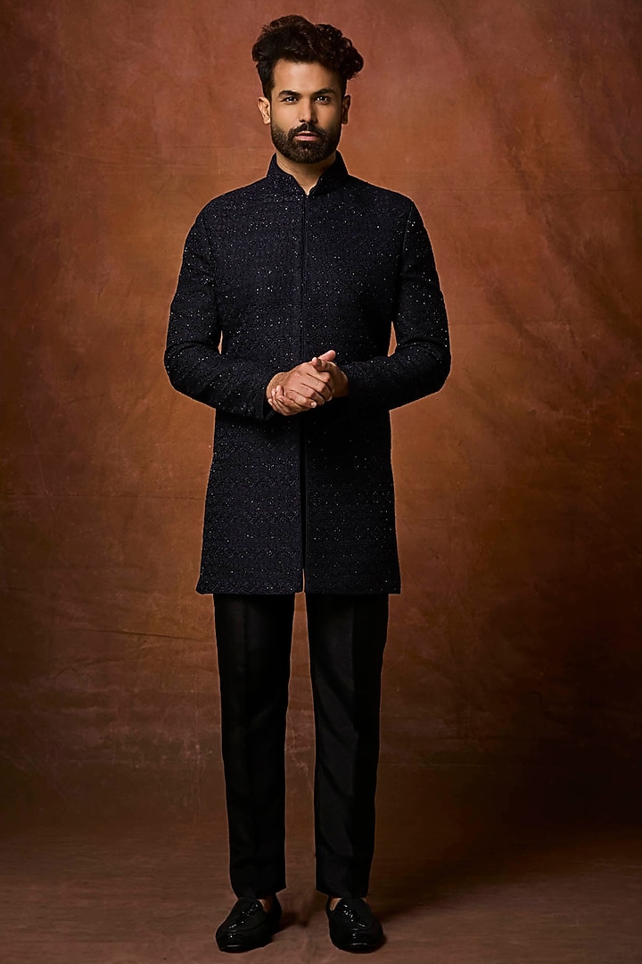 Navy Blue Silk Embroidered Groom Indowestern Set by Vanshik at Pernia's Pop Up Shop
