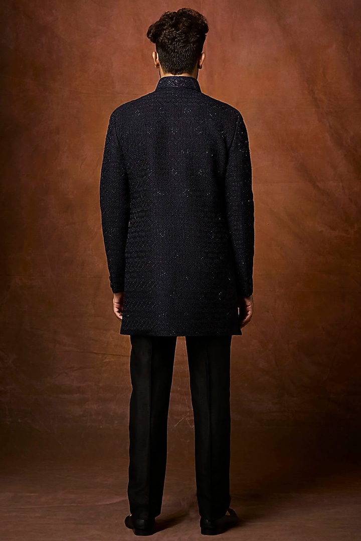 Navy Blue Silk Embroidered Groom Indowestern Set by Vanshik at Pernia's Pop Up Shop