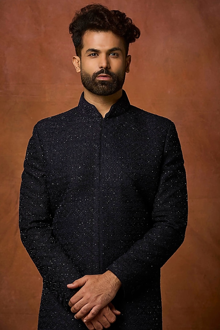Navy Blue Silk Embroidered Groom Indowestern Set by Vanshik at Pernia's Pop Up Shop