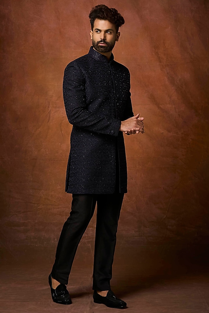 Navy Blue Silk Embroidered Groom Indowestern Set by Vanshik at Pernia's Pop Up Shop