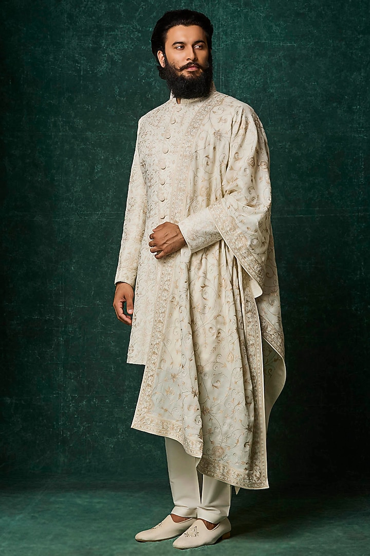 Pearl-Colored Silk Kashmiri Jaal Embroidered Groom Sherwani Set by Vanshik at Pernia's Pop Up Shop