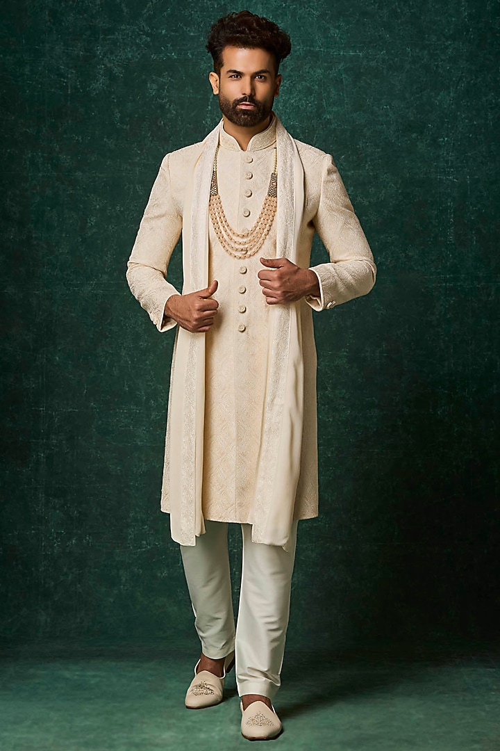 Pearl-Colored Silk Kashmiri Jaal Embroidered Groom Sherwani Set by Vanshik at Pernia's Pop Up Shop