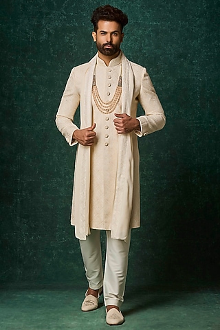Pearl-Colored Silk Kashmiri Jaal Embroidered Sherwani Set by Vanshik