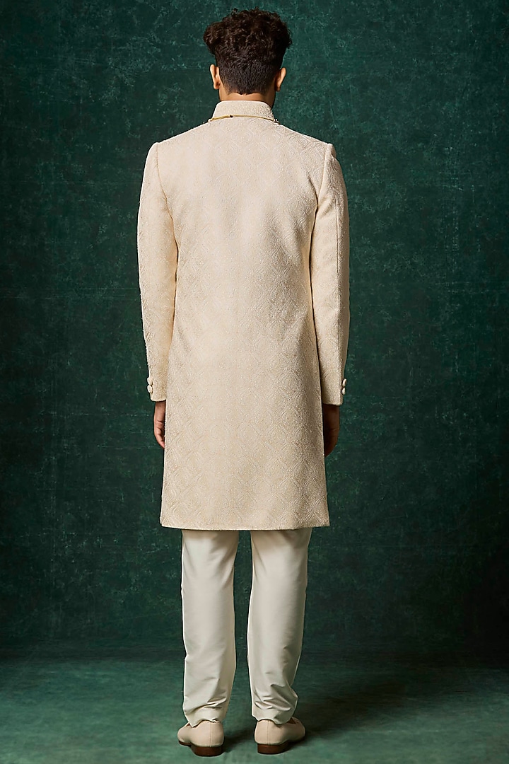 Pearl-Colored Silk Kashmiri Jaal Embroidered Groom Sherwani Set by Vanshik at Pernia's Pop Up Shop