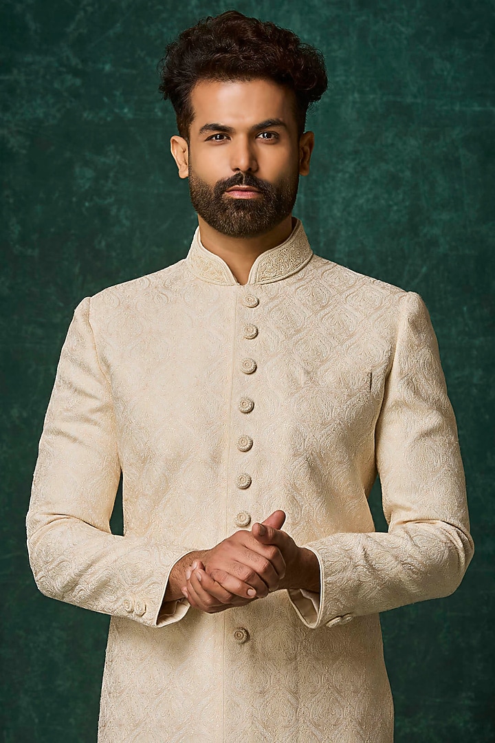 Pearl-Colored Silk Kashmiri Jaal Embroidered Groom Sherwani Set by Vanshik at Pernia's Pop Up Shop