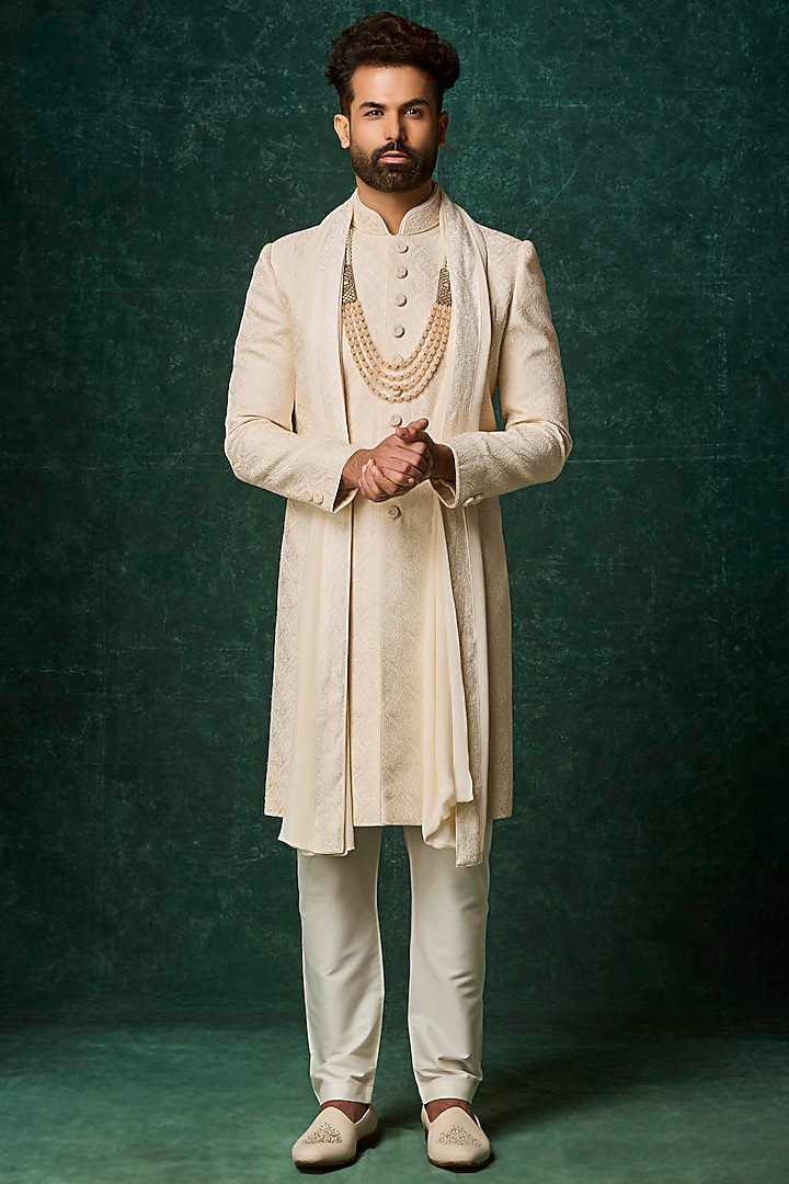Pearl-Colored Silk Kashmiri Jaal Embroidered Groom Sherwani Set by Vanshik at Pernia's Pop Up Shop