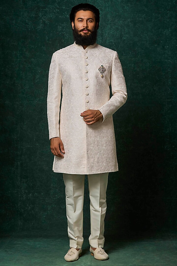 Ivory Silk Pearl Embellished Groom Sherwani Set by Vanshik at Pernia's Pop Up Shop