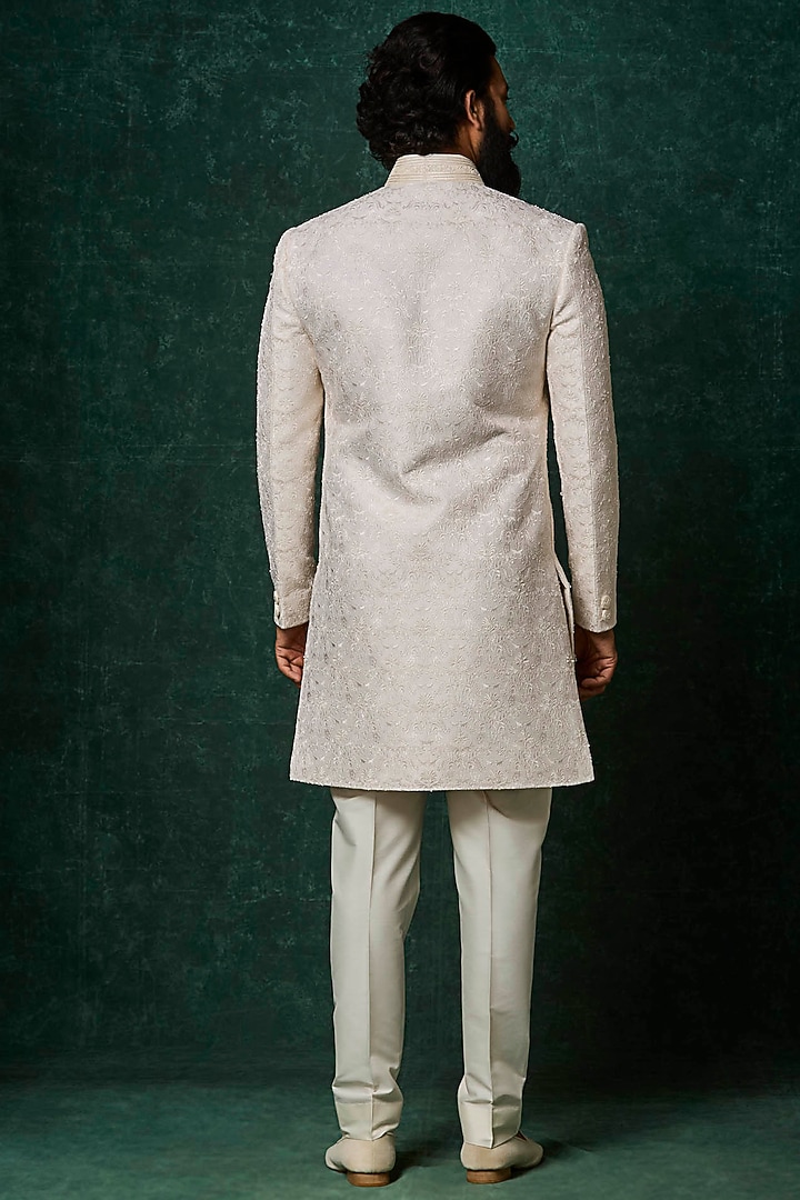Ivory Silk Pearl Embellished Groom Sherwani Set by Vanshik at Pernia's Pop Up Shop