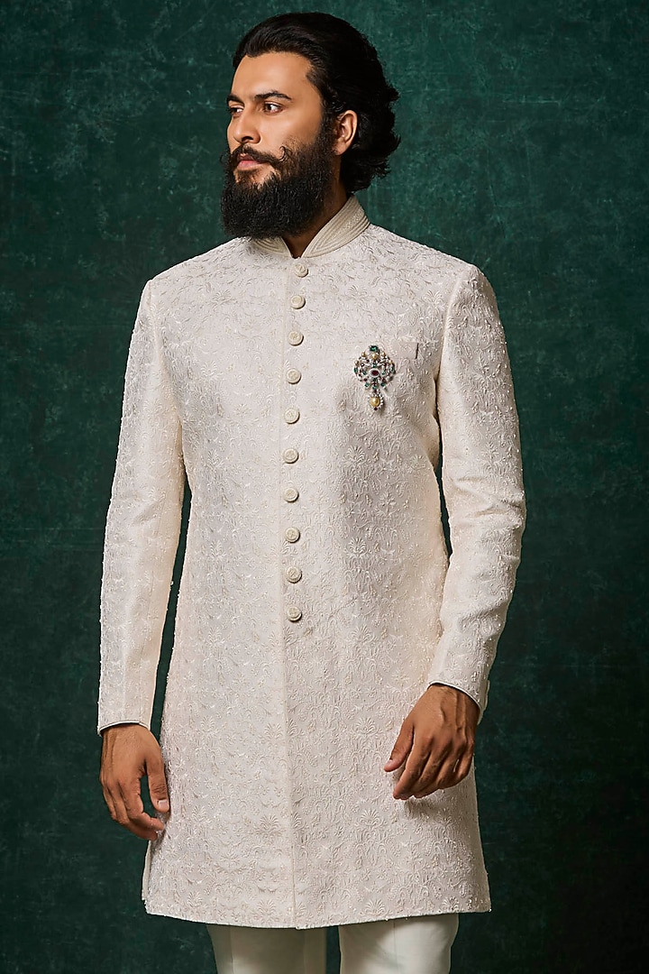 Ivory Silk Pearl Embellished Groom Sherwani Set by Vanshik at Pernia's Pop Up Shop