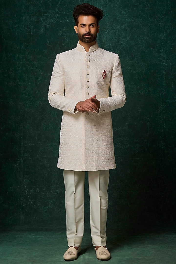 Ivory Silk Pearl Embellished Groom Sherwani Set by Vanshik at Pernia's Pop Up Shop
