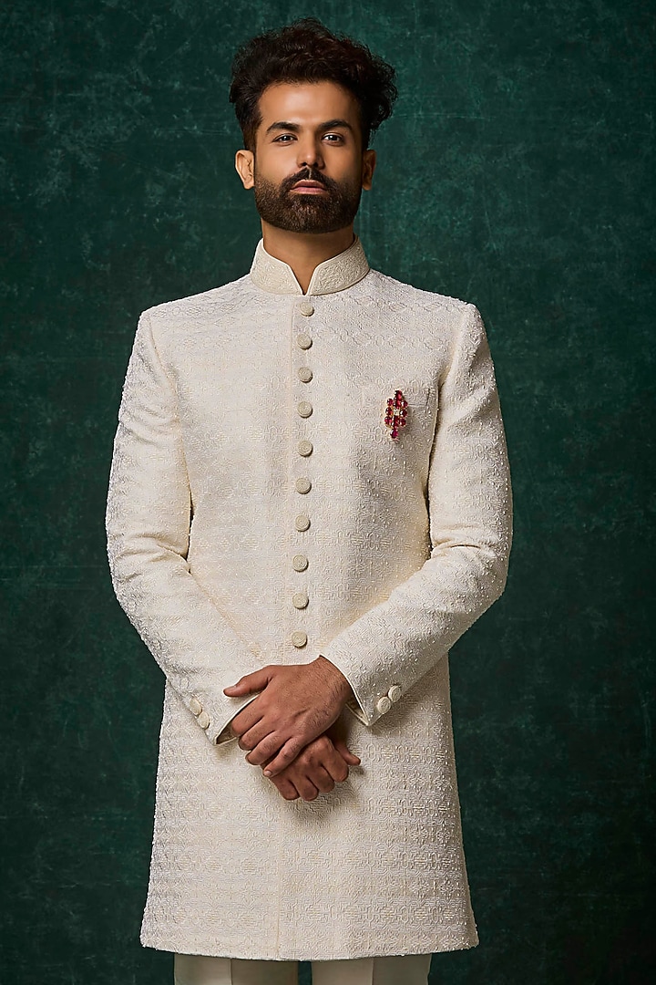 Ivory Silk Pearl Embellished Groom Sherwani Set by Vanshik at Pernia's Pop Up Shop