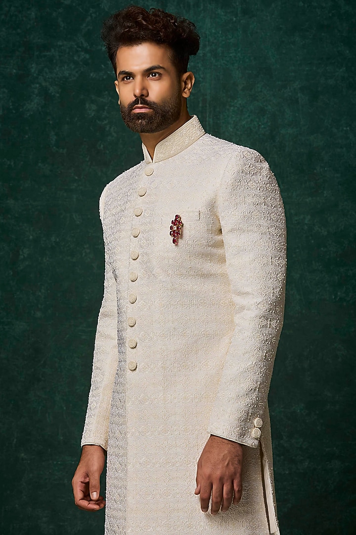 Ivory Silk Pearl Embellished Groom Sherwani Set by Vanshik at Pernia's Pop Up Shop