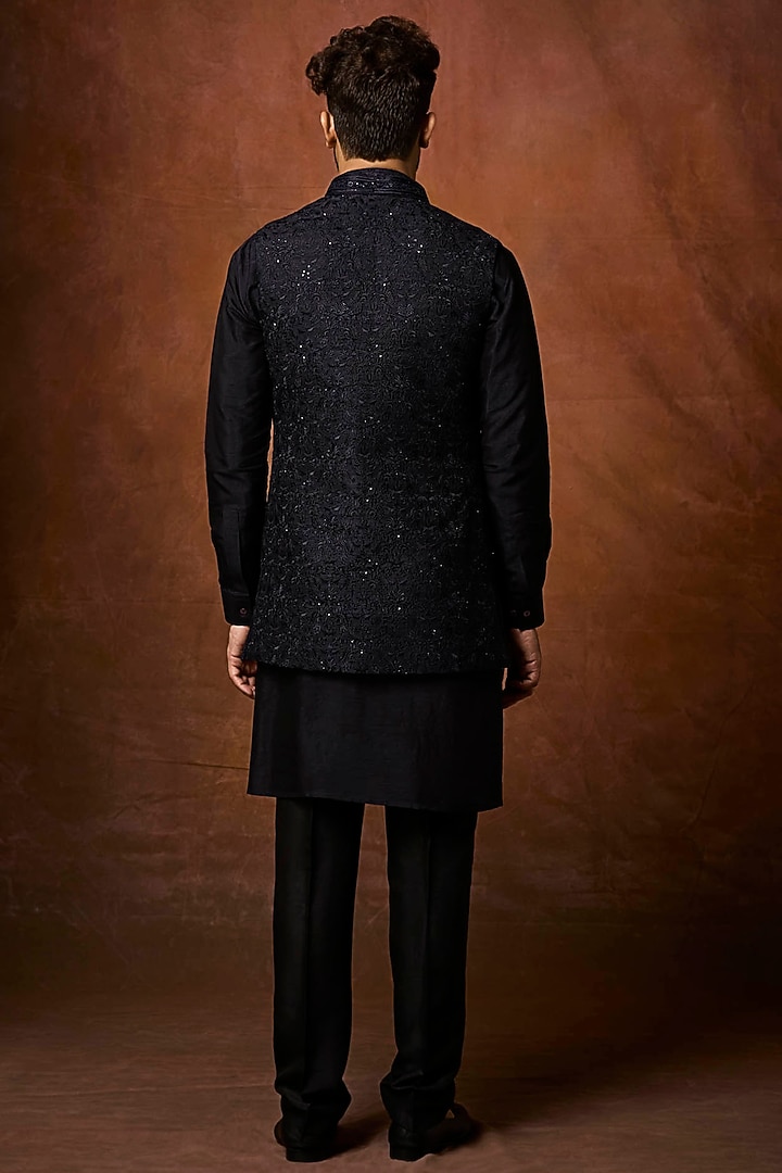 Black Silk Glass Bead Embellished Bundi Jacket Set by Vanshik at Pernia's Pop Up Shop