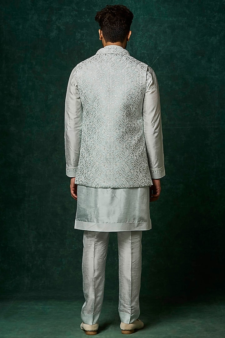 Aqua Silk Embroidered Bundi Jacket Set by Vanshik at Pernia's Pop Up Shop