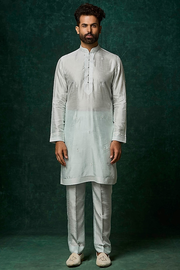 Aqua Silk Embroidered Bundi Jacket Set by Vanshik at Pernia's Pop Up Shop