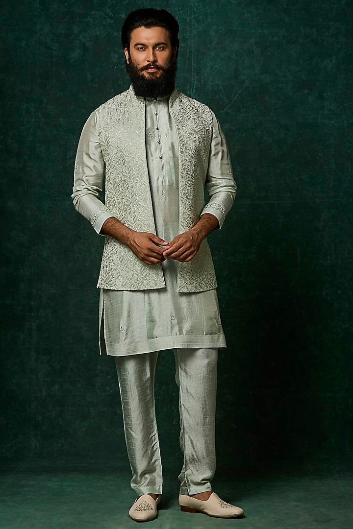 Sage Silk Embroidered Bundi Jacket Set by Vanshik at Pernia's Pop Up Shop