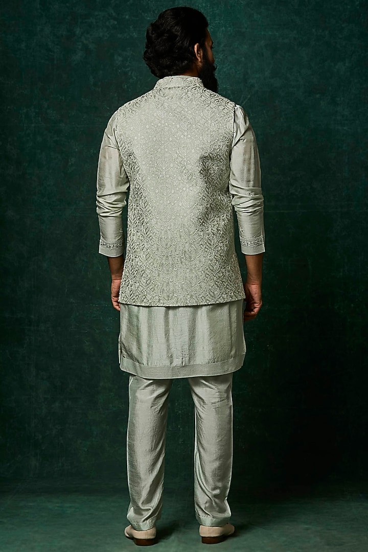 Sage Silk Embroidered Bundi Jacket Set by Vanshik at Pernia's Pop Up Shop