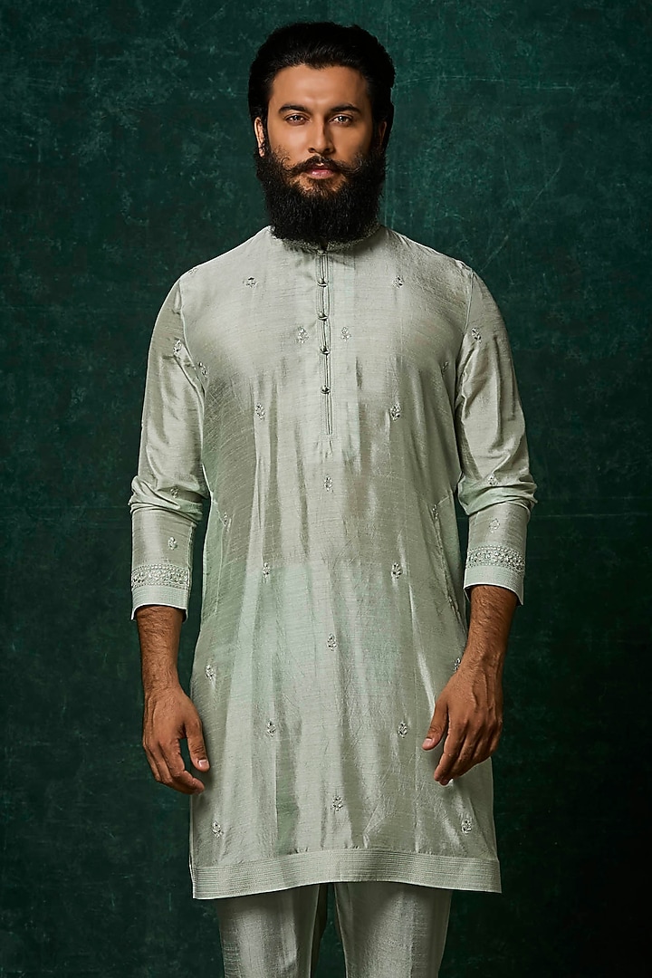 Sage Silk Embroidered Bundi Jacket Set by Vanshik at Pernia's Pop Up Shop