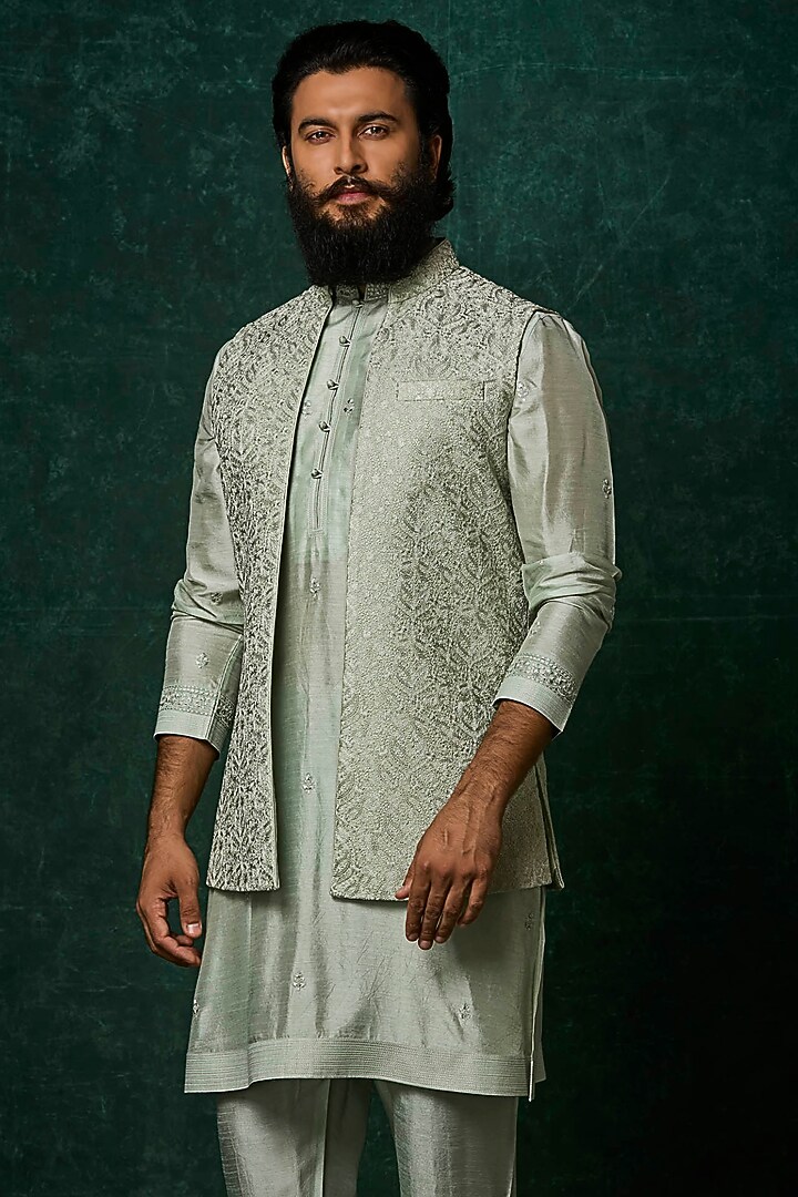 Sage Silk Embroidered Bundi Jacket Set by Vanshik at Pernia's Pop Up Shop