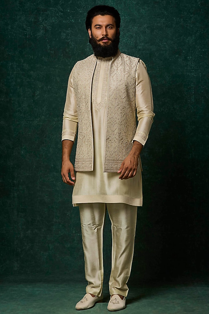 Mint Raw Silk Floral Embroidered Bundi Jacket Set by Vanshik