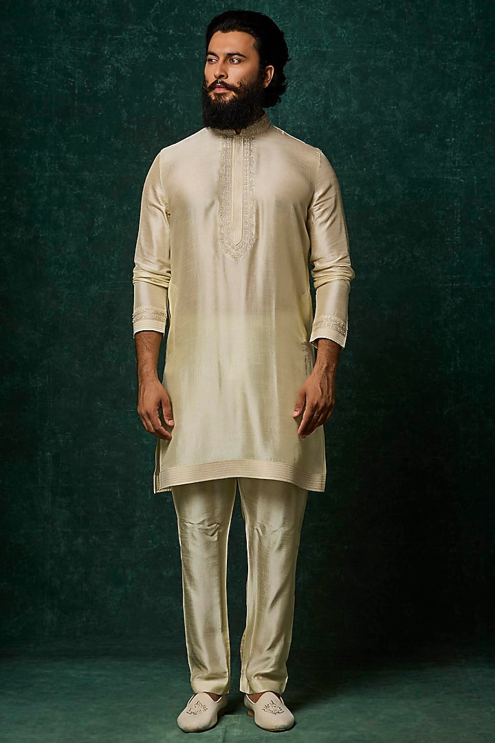 Mint Raw Silk Floral Embroidered Bundi Jacket Set by Vanshik at Pernia's Pop Up Shop