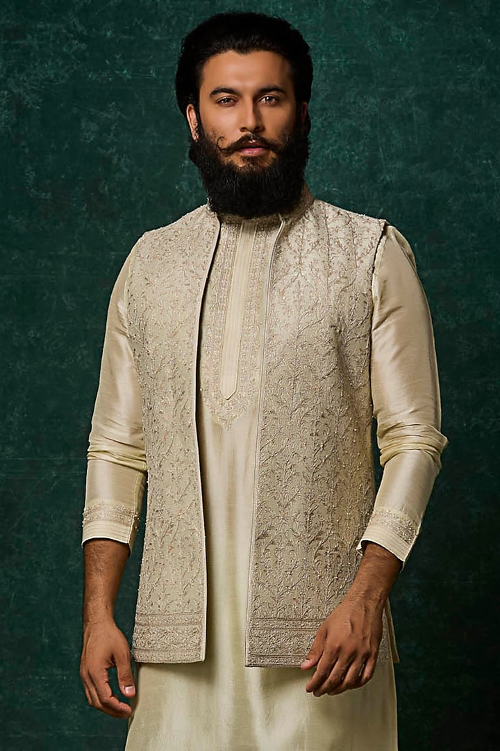 Mint Raw Silk Floral Embroidered Bundi Jacket Set by Vanshik at Pernia's Pop Up Shop