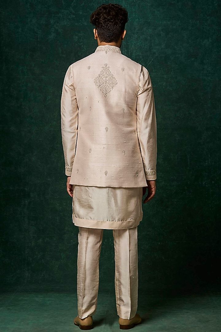 Blush Raw Silk Embroidered Bundi Jacket Set by Vanshik at Pernia's Pop Up Shop