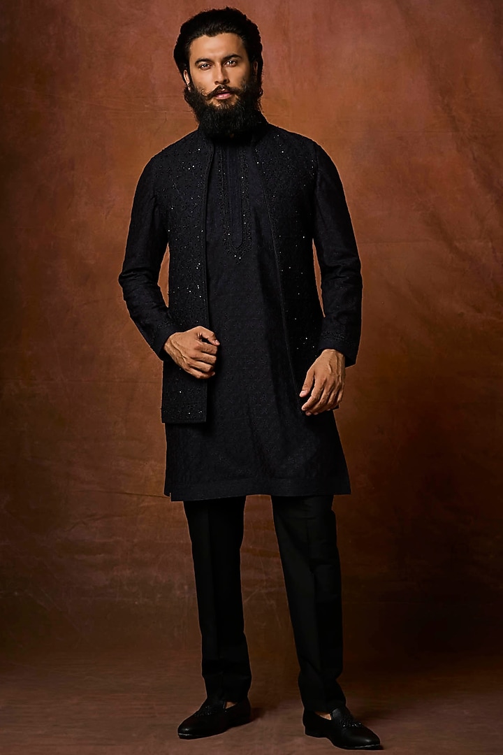 Navy Blue Silk Pearl Embroidered Bundi Jacket Set by Vanshik