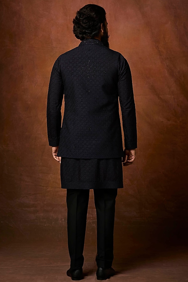 Navy Blue Silk Pearl Embroidered Bundi Jacket Set by Vanshik at Pernia's Pop Up Shop