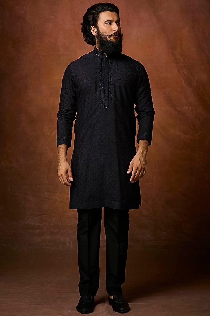 Navy Blue Silk Pearl Embroidered Bundi Jacket Set by Vanshik at Pernia's Pop Up Shop
