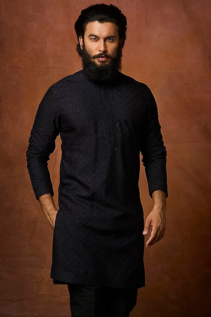 Navy Blue Silk Pearl Embroidered Bundi Jacket Set by Vanshik at Pernia's Pop Up Shop