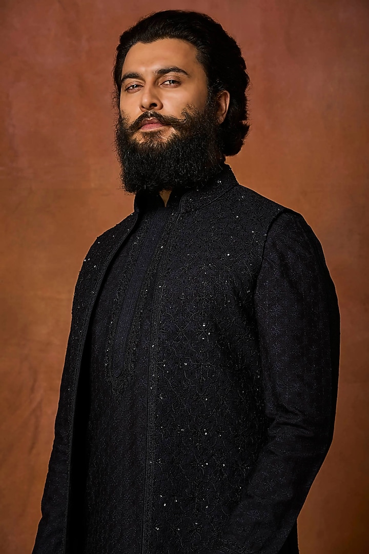 Navy Blue Silk Pearl Embroidered Bundi Jacket Set by Vanshik at Pernia's Pop Up Shop