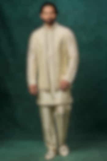 Mint Silk Pearl Embroidered Bundi Jacket Set by Vanshik