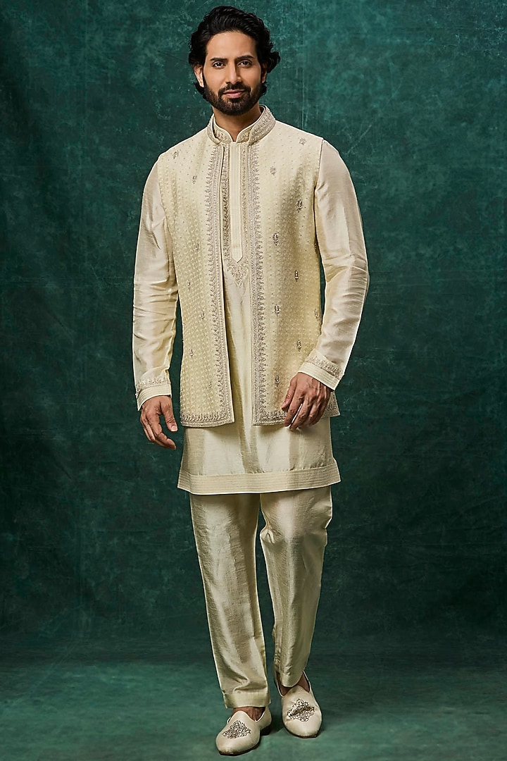 Mint Silk Pearl Embroidered Bundi Jacket Set by Vanshik