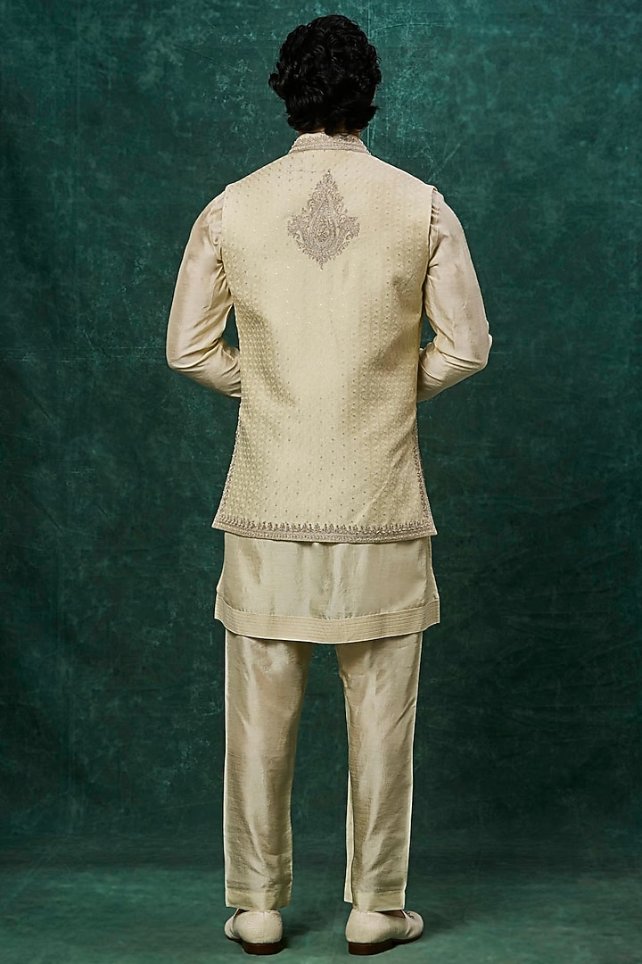 Mint Silk Pearl Embroidered Bundi Jacket Set by Vanshik at Pernia's Pop Up Shop