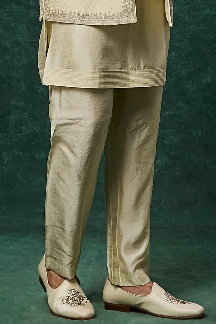 Mint Silk Pearl Embroidered Bundi Jacket Set by Vanshik at Pernia's Pop Up Shop