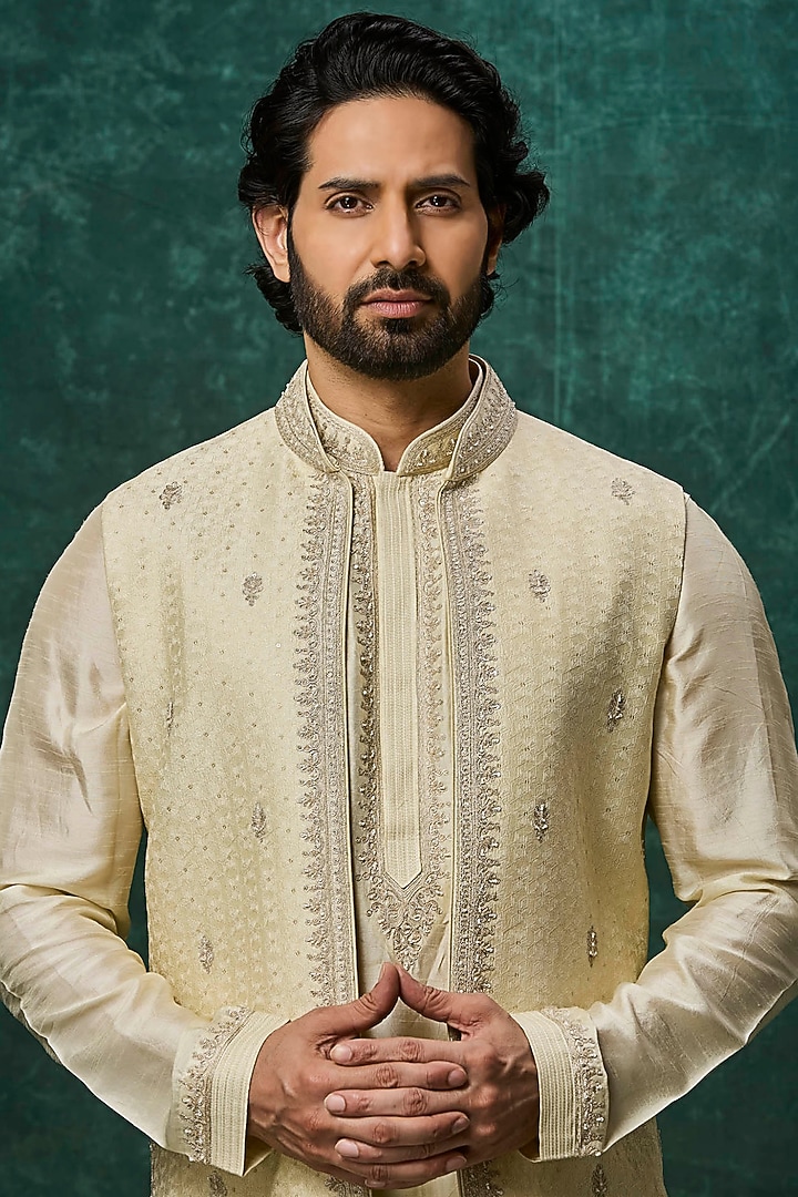 Mint Silk Pearl Embroidered Bundi Jacket Set by Vanshik at Pernia's Pop Up Shop