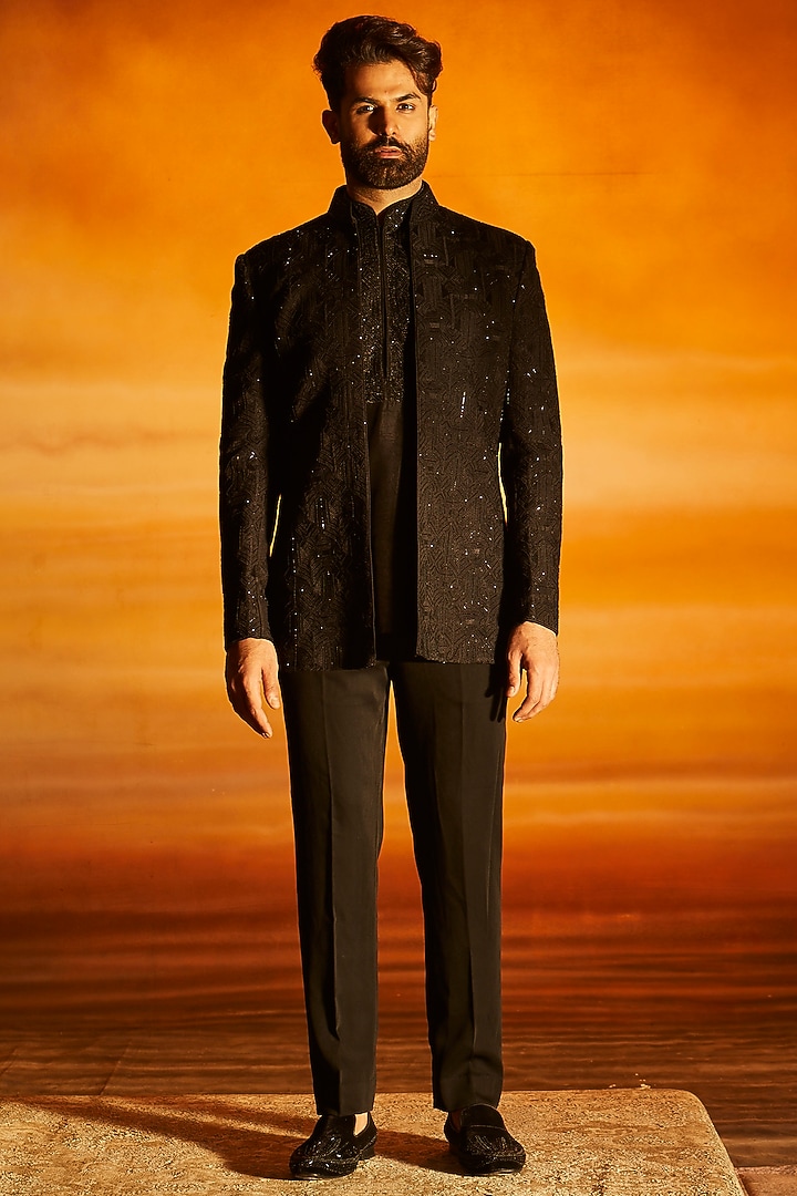 Black Silk Glass Bead Embroidered Groom Indowestern Set by Vanshik at Pernia's Pop Up Shop